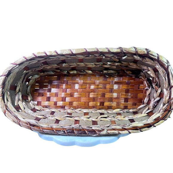 Vtg Woven Oval Basket Natural Mixed Media Rustic Storage Decor CabinCore - Picture 3 of 8